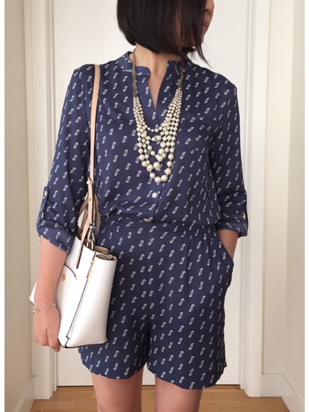Ann Taylor Printed Romper Navy & White Large